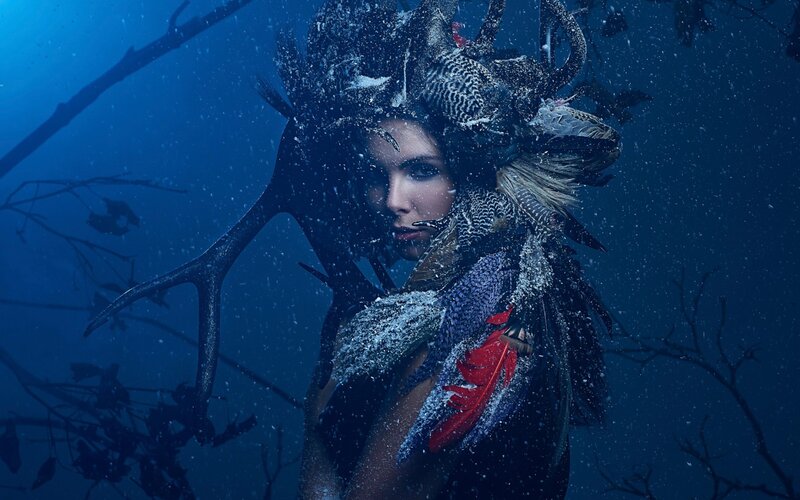 Woman with Feather Headdress — Blue, Dramatic, Winter