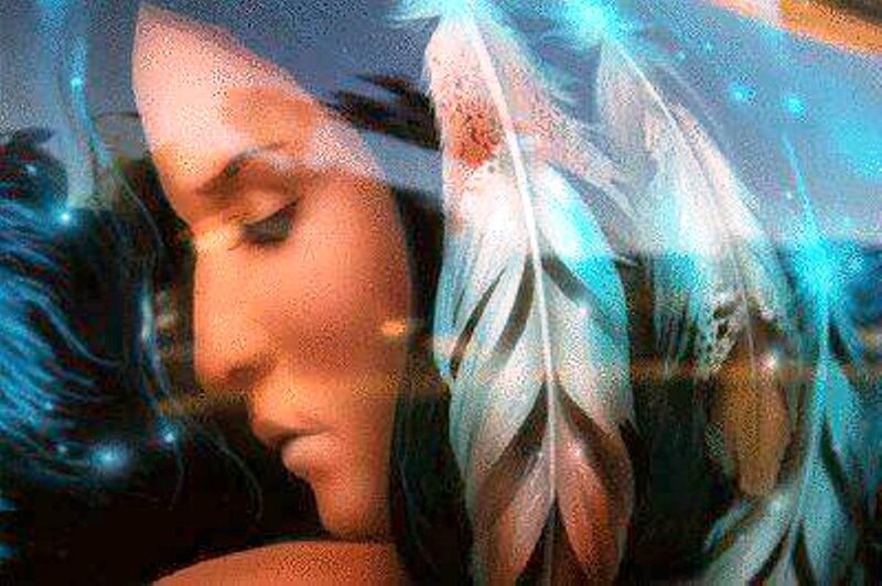 Woman with Feather Headdress — Blue, Serene, Digital Art