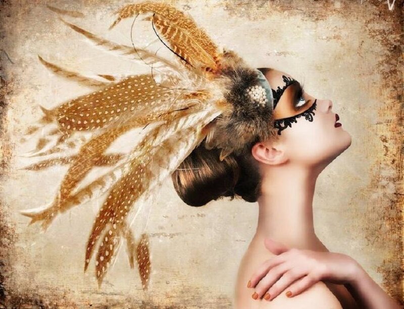 Woman with Feather Headdress — Brown, Dramatic, Digital Art