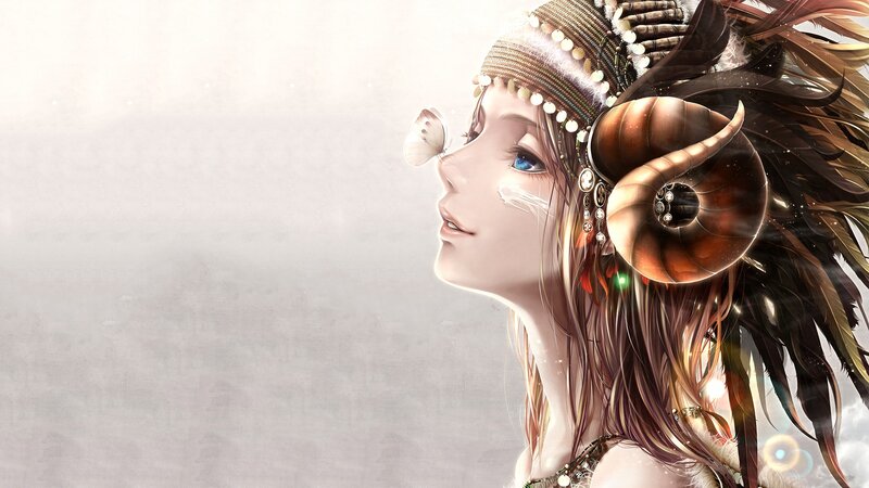Woman with Feather Headdress — Brown, Serene, Digital Art