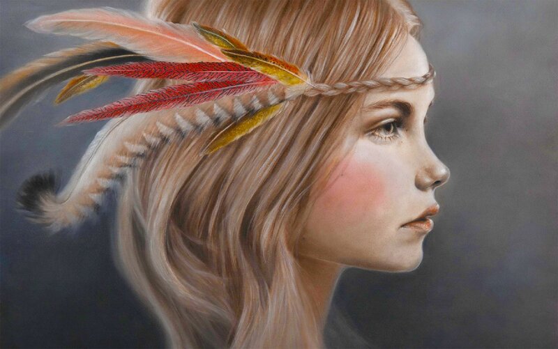 Woman with Feather Headdress — Brown, Serene, Painting