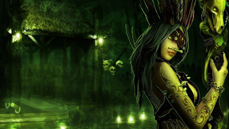 Woman with Feather Headdress — Green, Dark, Night, Digital Art