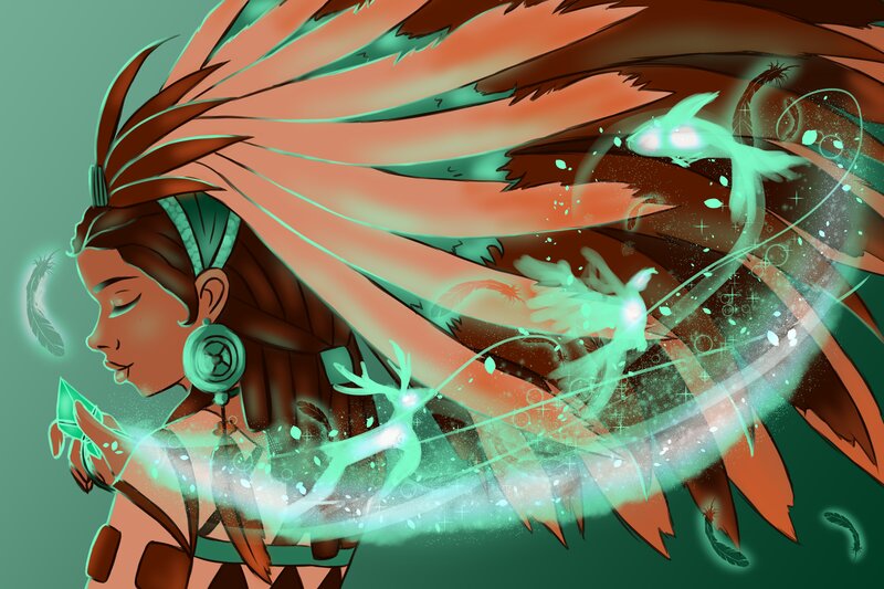 Woman with Feather Headdress — Green, Serene, Digital Art