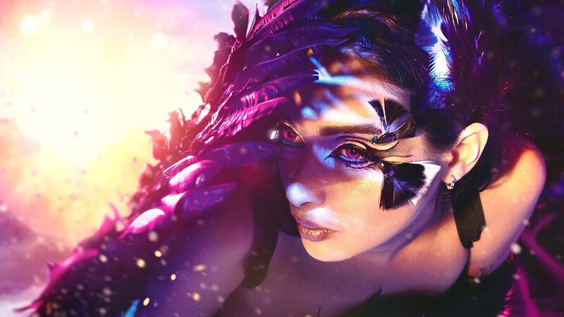 Woman with Feather Headdress — Purple, Dramatic, Digital Art, Feathers, Makeup