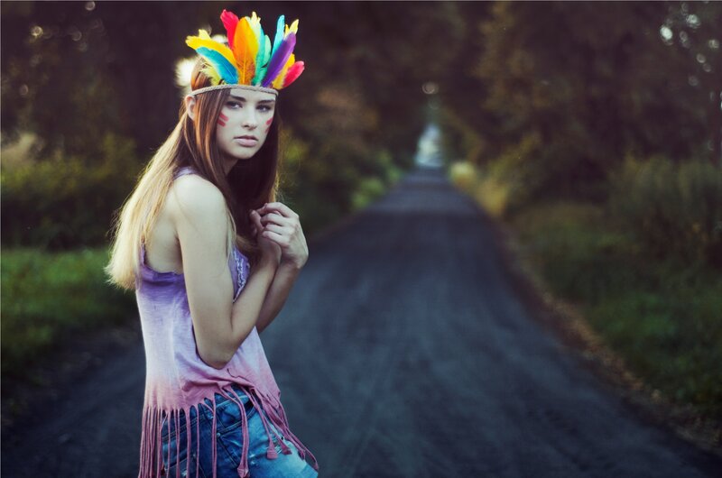 Woman with Feather Headdress — Purple, Dramatic, Sunset