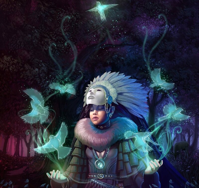 Woman with Feather Headdress — Purple, Mystical
