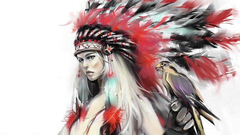 Woman with Feather Headdress — Red, Dramatic, Digital Art, Feather Headdress