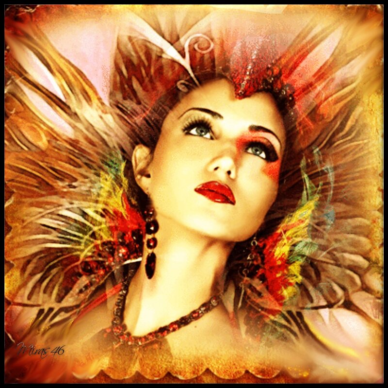 Woman with Feather Headdress — Red, Dramatic, Digital Art, Feathers