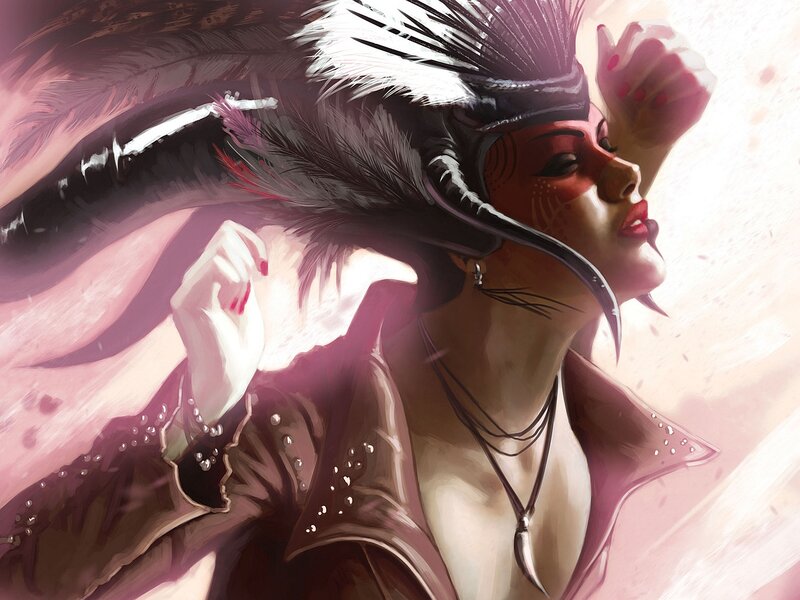 Woman with Feather Headdress — Red, Dramatic, Digital Art