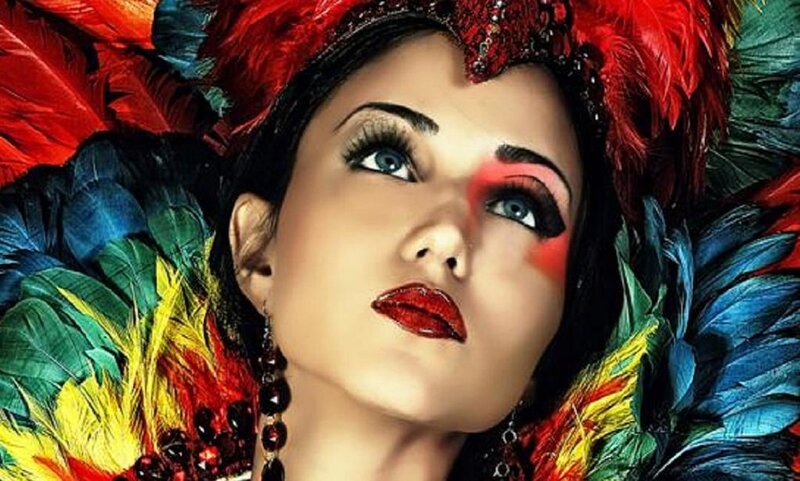 Woman with Feather Headdress — Red, Dramatic