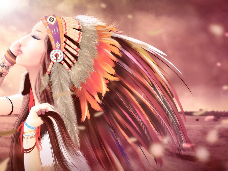 Woman with Feather Headdress — Red, Serene