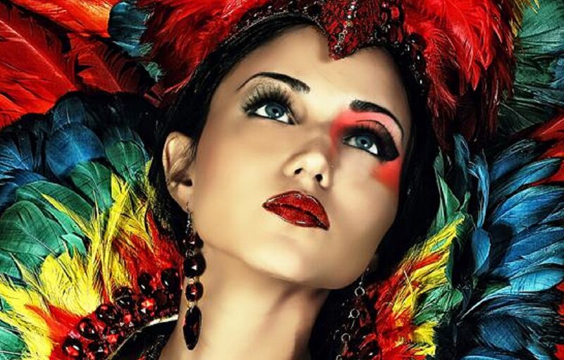 Woman with Feather Headdress — Red