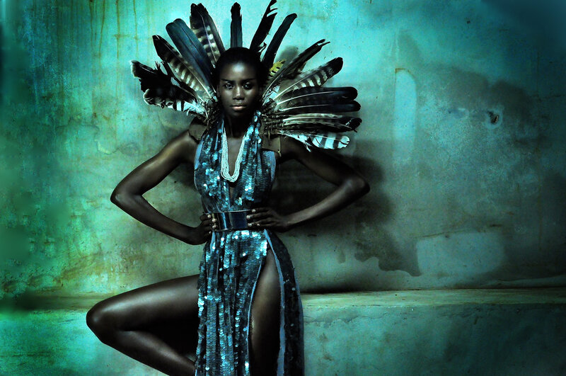 Woman with Feather Headdress — Teal, Dramatic