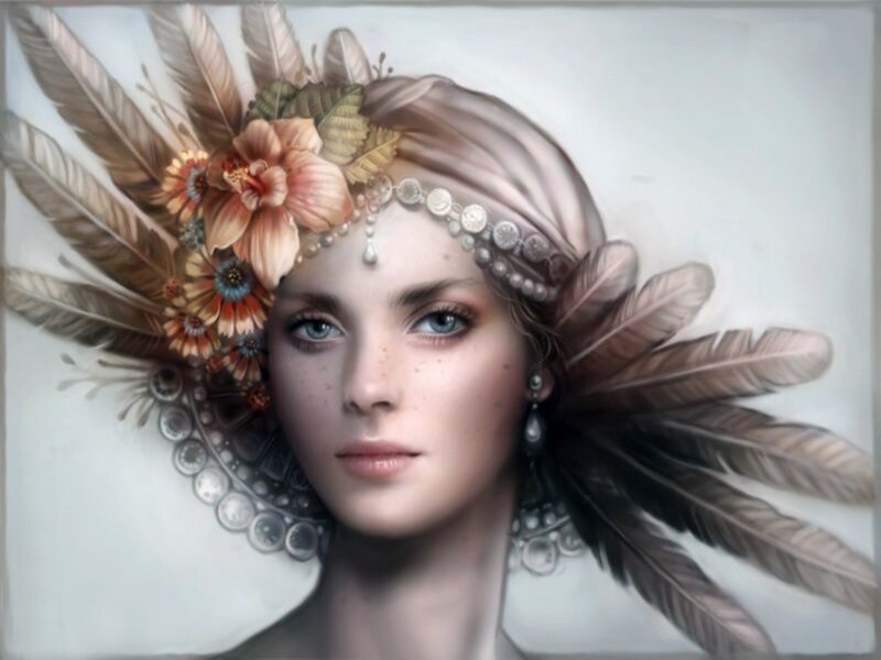 Woman with Feather Headdress — White