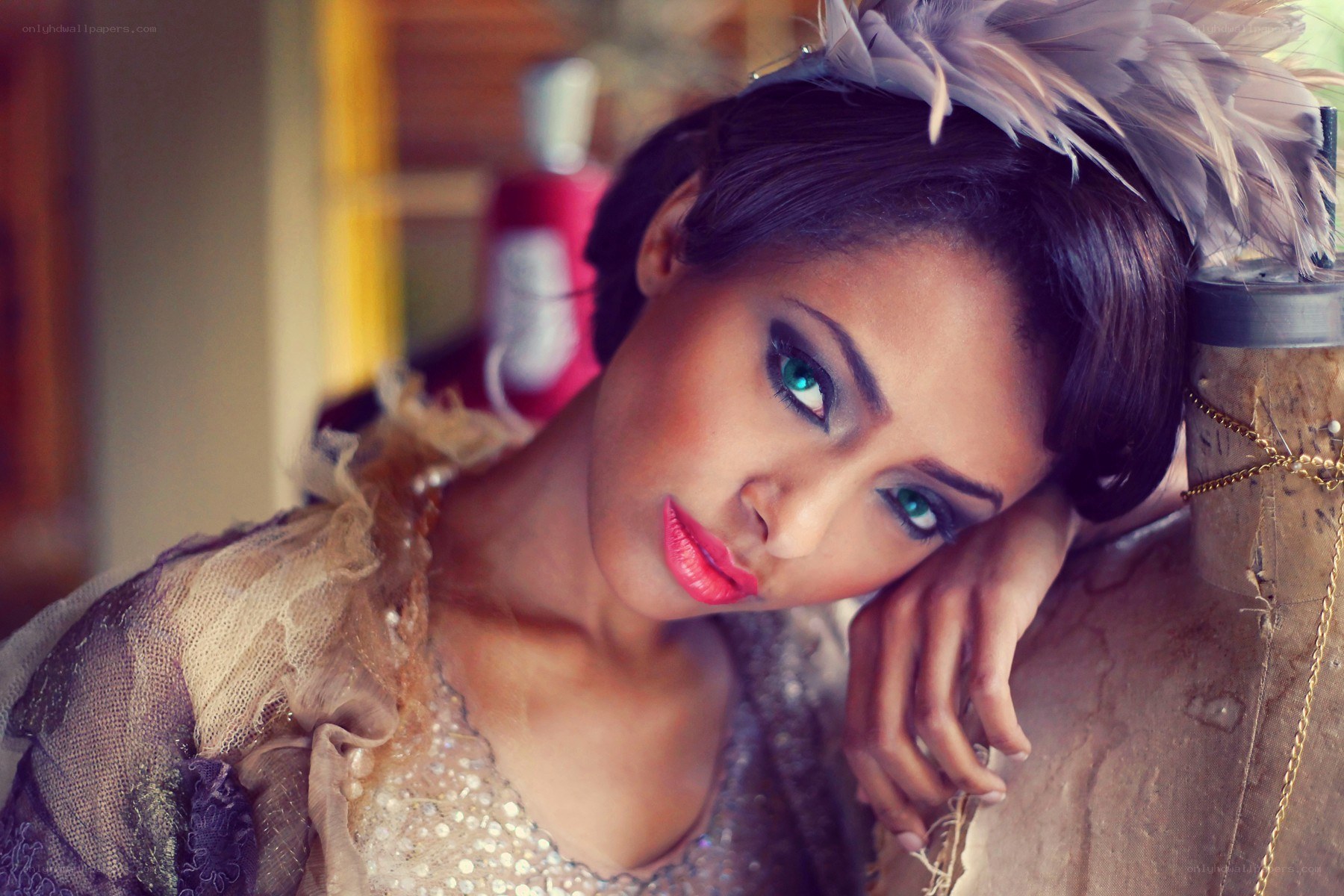 woman with feather headpiece