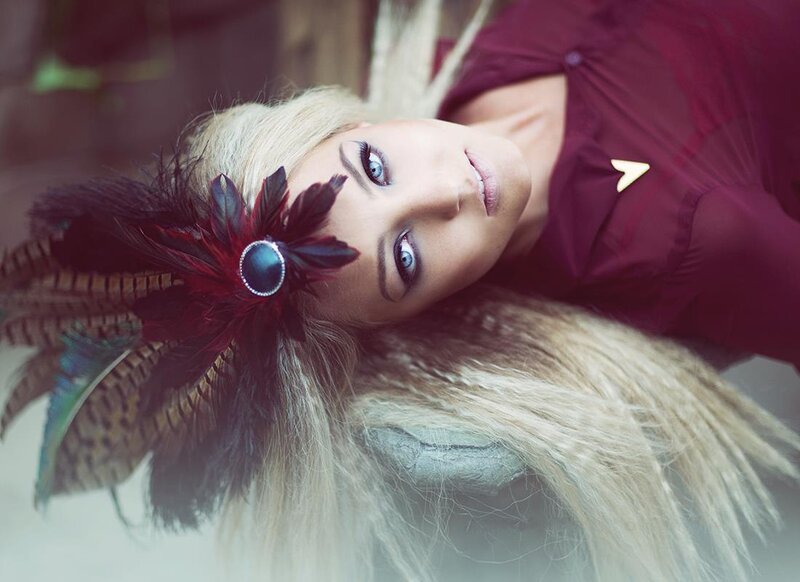 Woman with Feather Headpiece — Maroon
