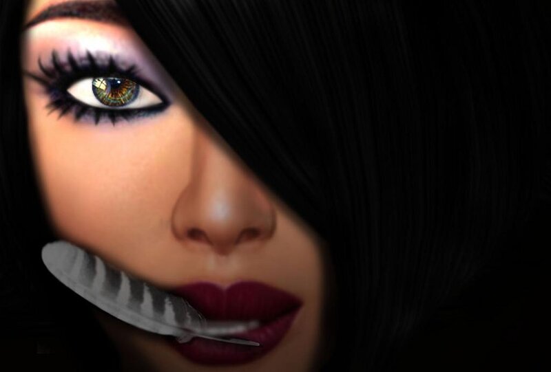 woman with feather in mouth