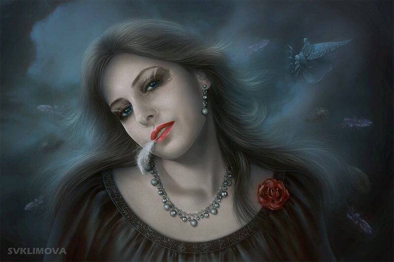 Woman with Feather in Mouth — Gray
