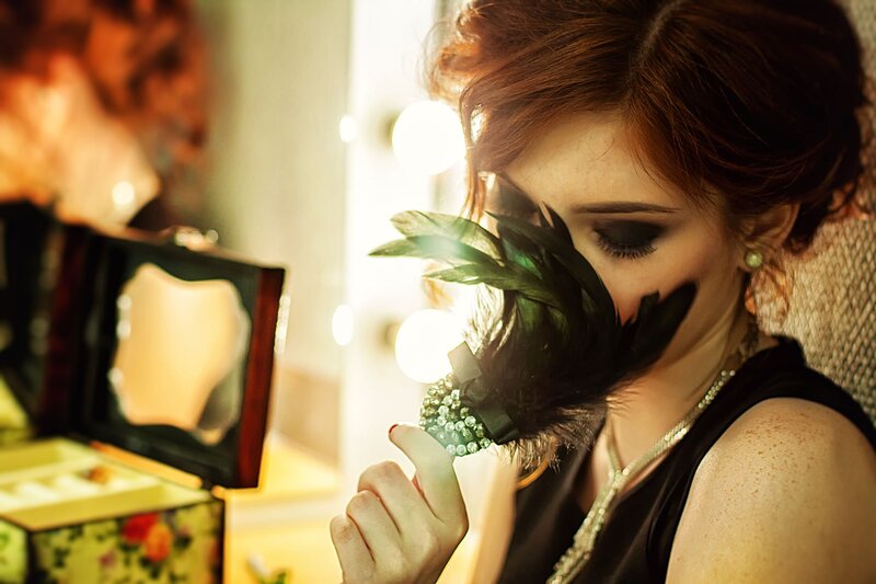 Woman with Feather Mask — Black, Dramatic, Photograph, Feather Mask