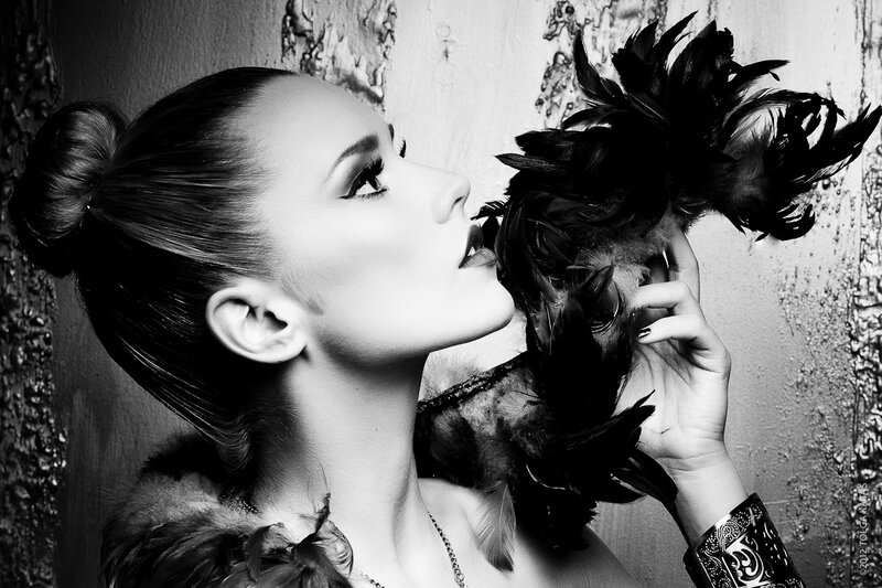 Woman with Feather Mask — Black, Dramatic, Photograph