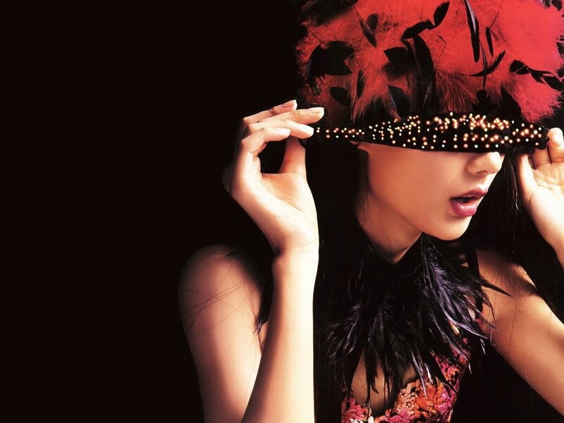 Woman with Feather Mask — Red, Dramatic, Photograph