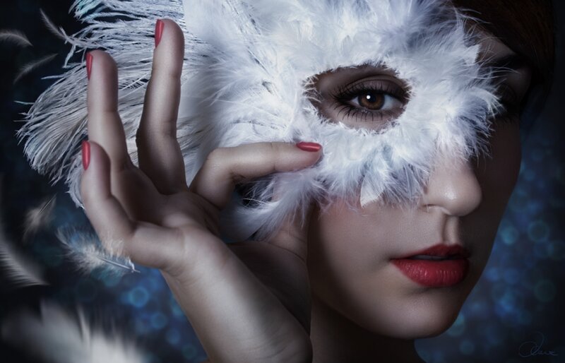 Woman with Feather Mask — White, Dramatic