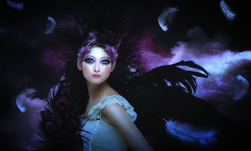 Woman with Feather Wings — Black, Dramatic, Night, Digital Art
