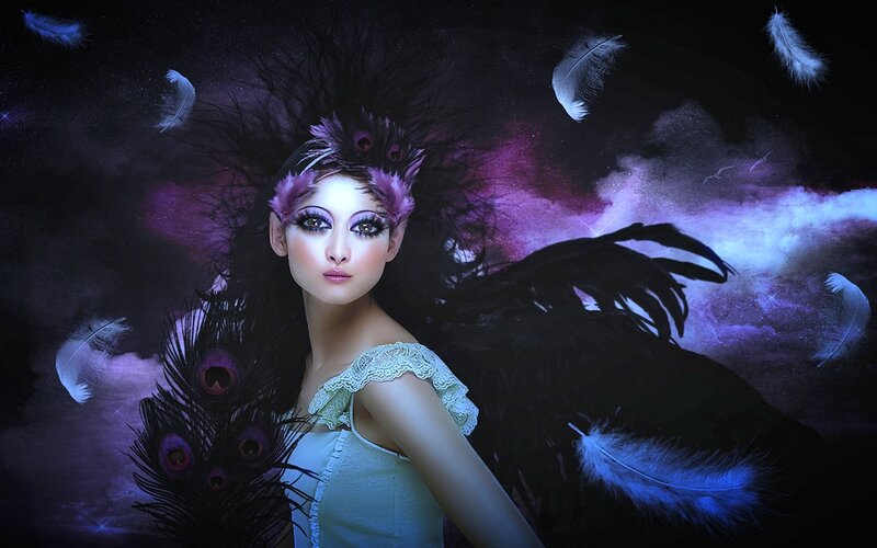 Woman with Feather Wings — Black, Dramatic, Night