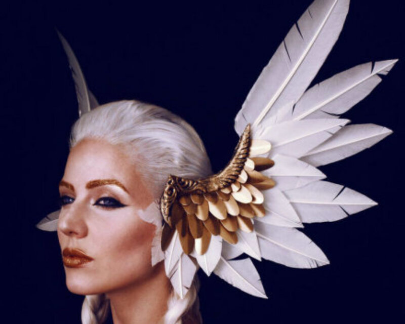 Woman with Feather Wings — Black, Dramatic, Photograph, Feather Headpiece