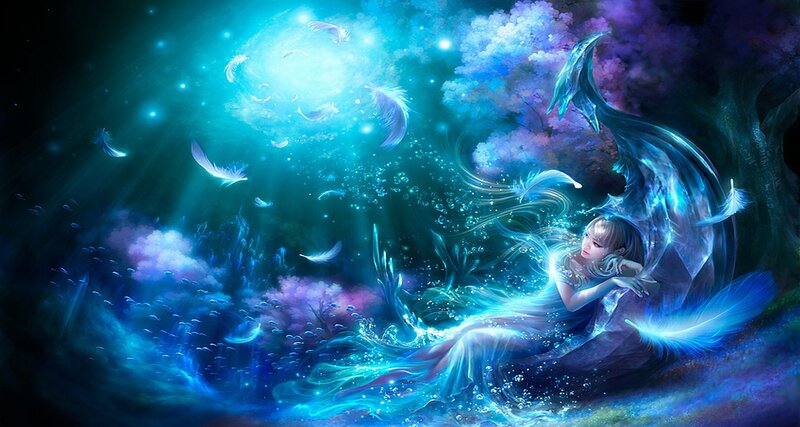 Woman with Feather Wings — Blue, Ethereal, Night