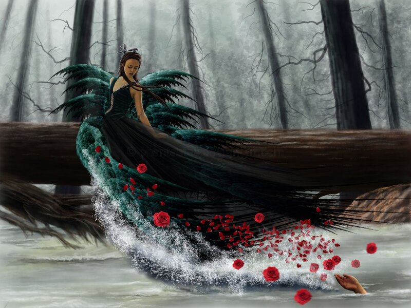 Woman with Feather Wings — Green, Dramatic