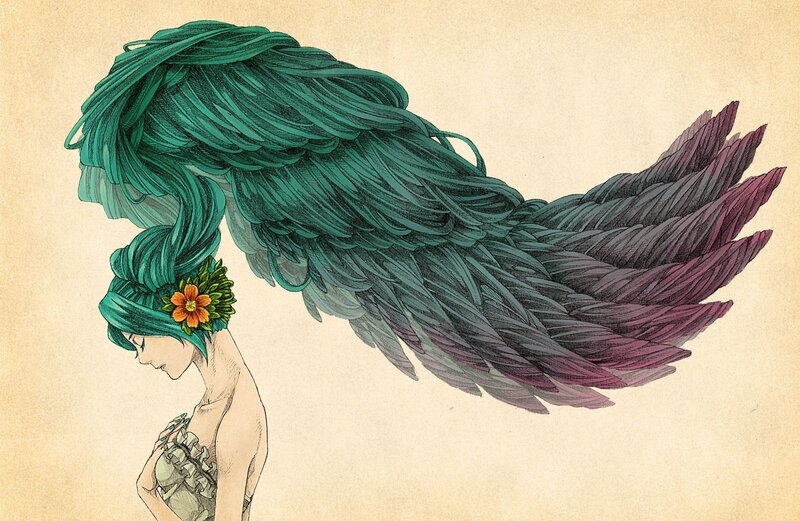 Woman with Feather Wings — Green, Serene