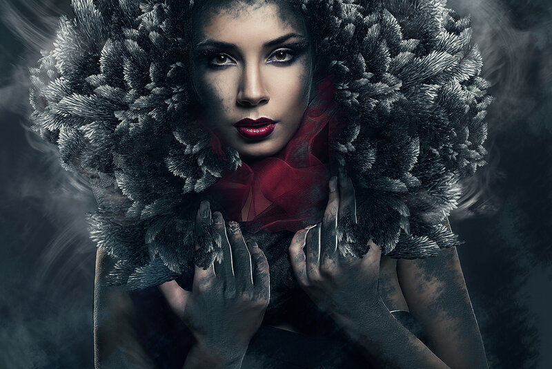 Woman with Feathered Collar — Black, Dramatic