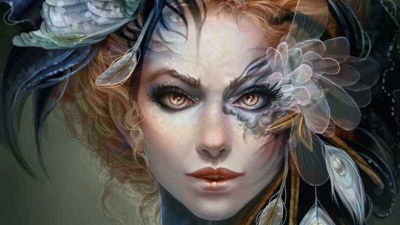 woman with feathered face art
