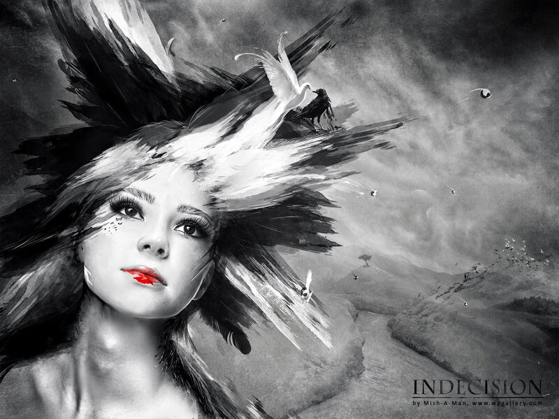 Woman with Feathered Hair — Black, Dramatic, Digital Art