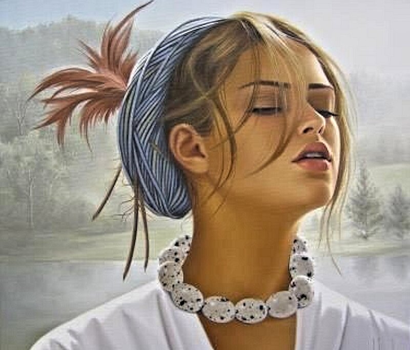 Woman with Feathered Hair — Blue, Serene, Morning