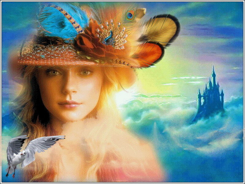 woman with feathered hat and castle