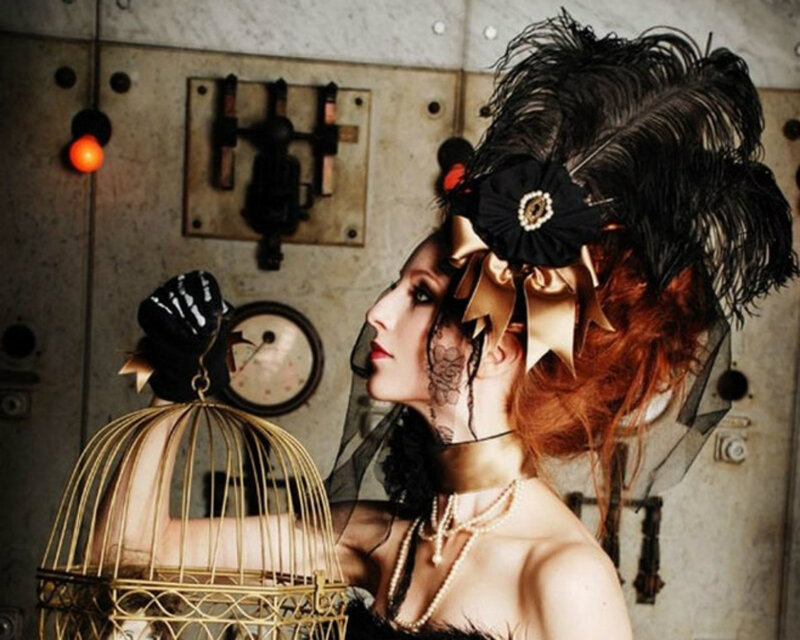 Woman with Feathered Hat — Black, Dramatic, Photograph, Birdcage
