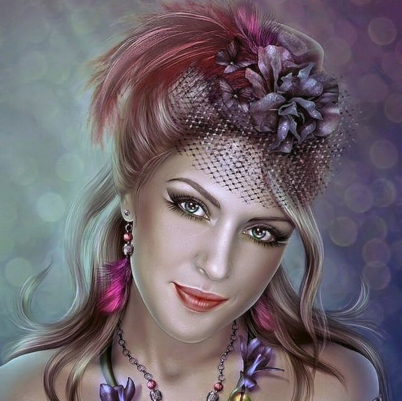 Woman with Feathered Hat — Purple, Dramatic