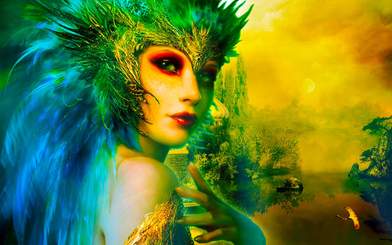 Woman with Feathered Headdress — Green, Dramatic