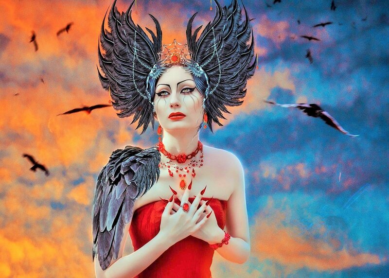 Woman with Feathered Headdress — Red, Dramatic, Sunset