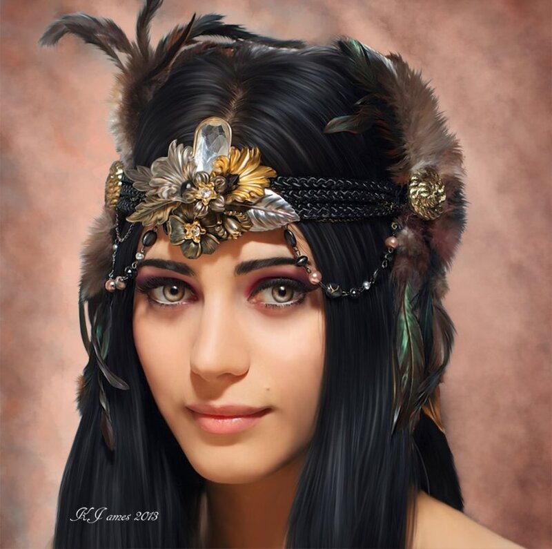Woman with Feathered Headpiece — Black, Serene