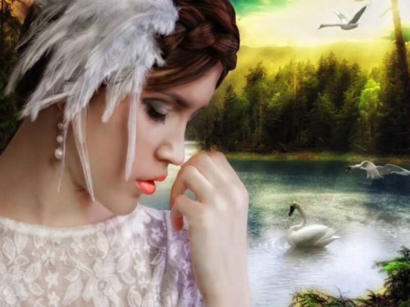 Woman with Feathered Headpiece — White, Serene