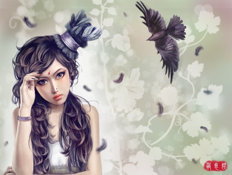 Woman with Feathered Headpiece — White