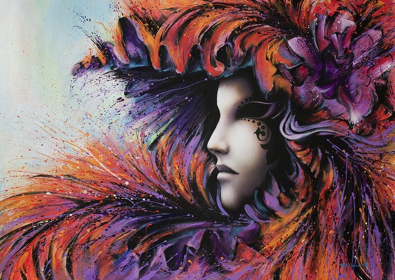 Woman with Feathered Mask — Purple