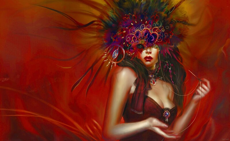 Woman with Feathered Mask — Red