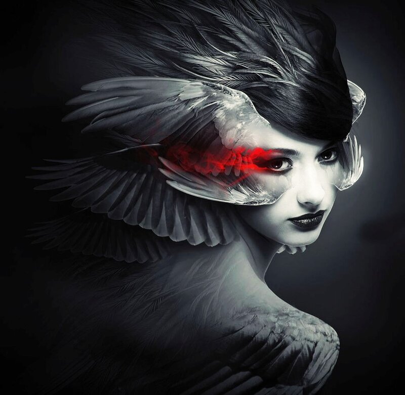 Woman with Feathered Wings — Black, Dramatic