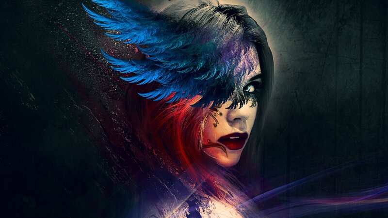 Woman with Feathered Wings — Blue, Dramatic