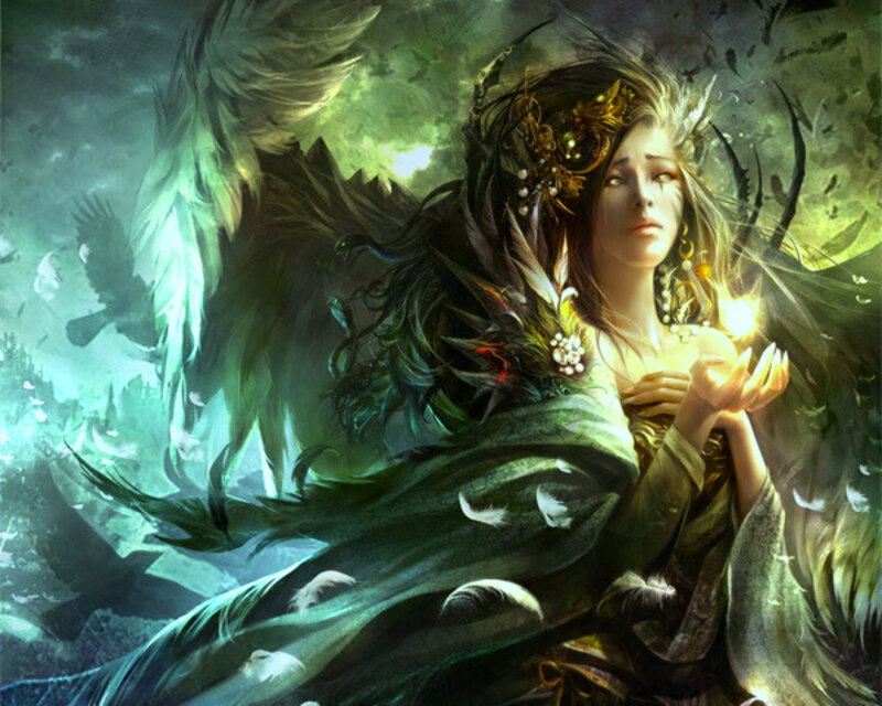 Woman with Feathered Wings — Green, Dramatic