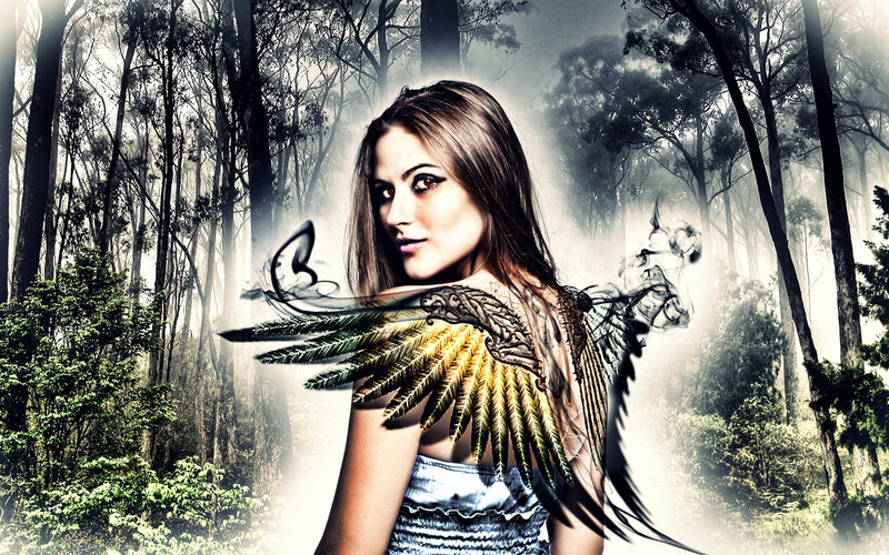 Woman with Feathered Wings — Green, Mysterious
